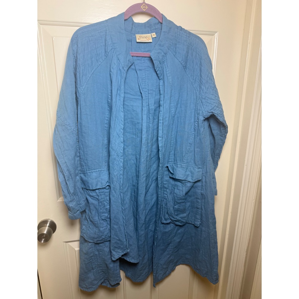 Paper Lace Blue Cotton Gauze Open Front Long Cardigan Jacket